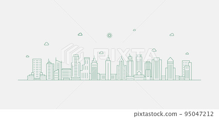 Cityscape. Modern flat line landscape vector. City landscape line art illustration with building, tower, skyscrapers. Vector illustration. 95047212