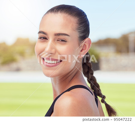 Outdoor fitness, woman in portrait for exercise or workout motivation, trust and wellness lifestyle on sports field. Professional USA athlete person happy with workout training progress development 95047222