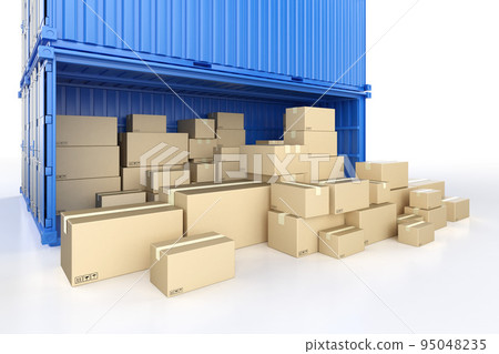 Logistic business with heap of carton boxes or cardboard boxes in blue container Logistic business with heap of carton boxes or cardboard boxes in blue container 95048235