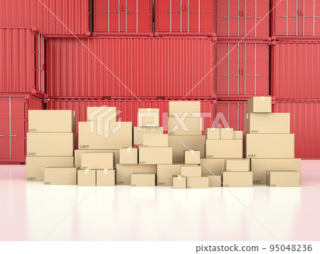 Logistic business with heap of carton boxes or cardboard boxes in red container Logistic business with heap of carton boxes or cardboard boxes in red container 95048236