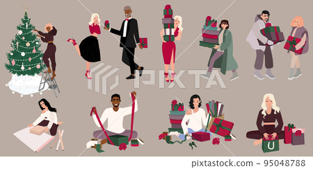 Happy people set preparing presents for Christmas 95048788