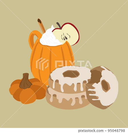Autumn drink in pumpkin cup and apple cider donuts 95048798