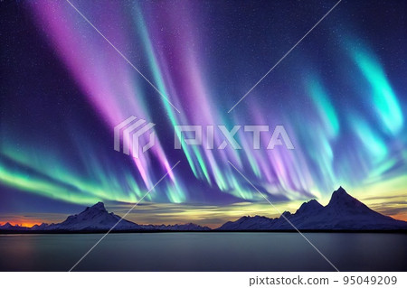 Amazing vibrant color aurora borealis over over mountain and sea. Northern lights in night starry sky tranquility scenery. Wonderful illuminated surreal atmospheric visual phenomenon 95049209