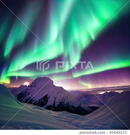 Aurora borealis in starry sky above snow covered mountain. Beautiful winter night landscape with polar lights over snowy rocks. Northern natural visual phenomenon in ionosphere 95049225