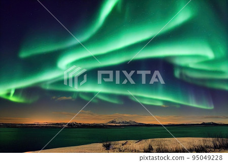 Aurora borealis substorm over island. Winter night visual natural phenomenon with reflection on water surface. Majestic arctic luminosity of northern lights in starry sky over snowy mountain and river Aurora borealis substorm over island. Winter night visual natural phenomenon with reflection on water surface. Majestic arctic luminosity of northern lights in starry sky over snowy mountain and river 95049228