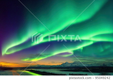 Polar light aurora borealis over mountain and sea Polar light aurora borealis over mountain and sea 95049242