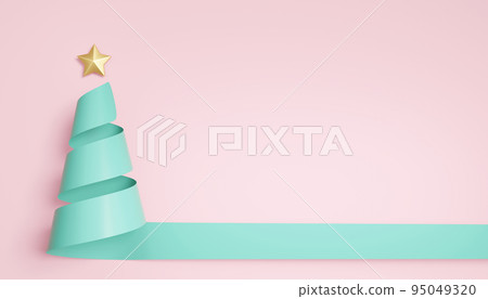 3D rendering pastel green ribbon in spiral Christmas tree shape on cute pink background. 95049320