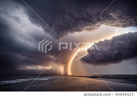 Powerful thunderstorm over seascape natural disaster background 95049325