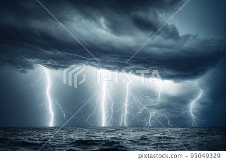 Lightning flash bolt and thunderstorm over stormy ocean Lightning flash bolt and thunderstorm over stormy ocean 95049329