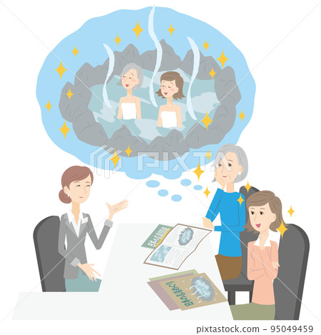 Senior woman applying for domestic hot spring trip with parent and child 95049459