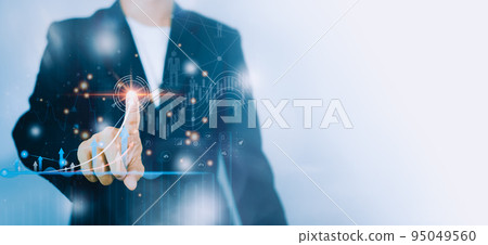 Success business concept. Businessman hand touch hologram of Stock chart or Cryptocurrency chart. Statistics graph and char growing graph of Planning and strategy concept. 95049560