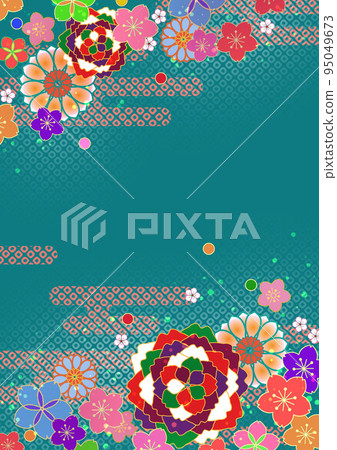 Japanese pattern of double cherry blossoms and cherry blossoms in five colors Verdigris Japanese pattern of double cherry blossoms and cherry blossoms in five colors Verdigris 95049673
