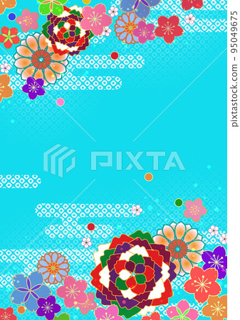 Japanese pattern of double cherry blossoms in five colors and cherry blossoms sky blue Japanese pattern of double cherry blossoms in five colors and cherry blossoms sky blue 95049675