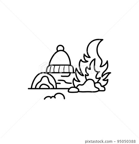 Christmas line icon from the Christmas camping series. Happy Holidays symbol and elements. Stock winter vector. Log with the campfire and hat 95050388