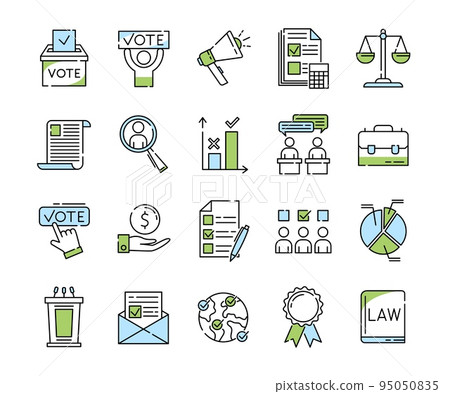 Government and vote icons. Political election campaign. Voters debate. Public ballot box. Poll diagram symbols. Senate building. Calendar and microphone. Vector democracy line logo set 95050835