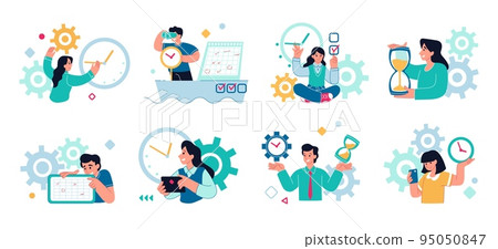 Time management. Business people schedule. Task organize. Planner and hourglass. Agenda of entrepreneur. Training planning. Clock and calendar. Completed goals checkmarks. Vector flat set 95050847