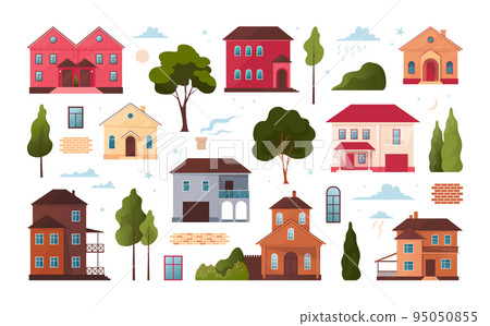 Cute small city town house set. Village buildings, doodle neighbourhood, tiny trees, doors, windows and roofs. Countryside home. Cottages landscape. Vector cartoon flat collection Cute small city town house set. Village buildings, doodle neighbourhood, tiny trees, doors, windows and roofs. Countryside home. Cottages landscape. Vector cartoon flat collection 95050855