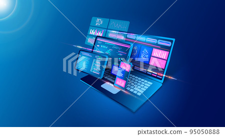 Web app software. Internet platform. Digital application. Business website screen. Laptop interface. Phone and computer connection. API technology. Analytic infographic. Vector concept 95050888