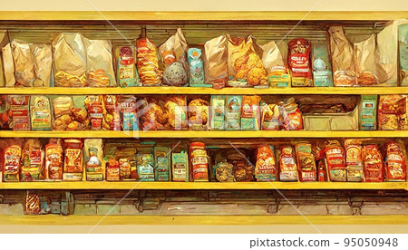 Potato chips food packages on supermarket shelves abstract digital illustration Potato chips food packages on supermarket shelves abstract digital illustration 95050948