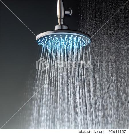 Water falling from shower head with blue LED 3D render digital illustration Water falling from shower head with blue LED 3D render digital illustration 95051167