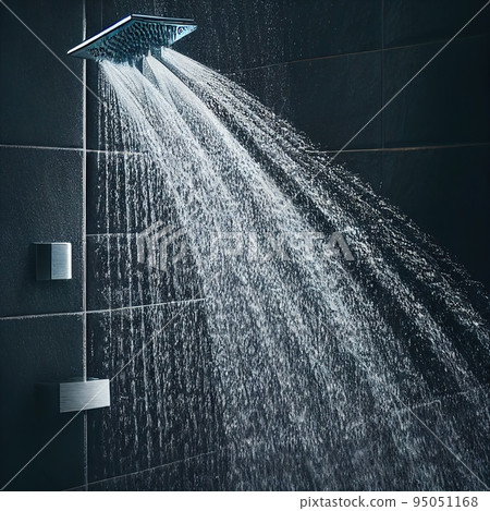 Water running from modern shower head in dark bathroom 3D render digital illustration Water running from modern shower head in dark bathroom 3D render digital illustration 95051168