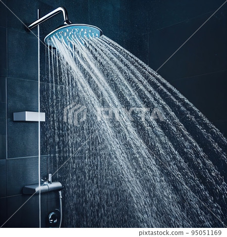 Water pouring from shower head in dark bathroom 3D render digital illustration Water pouring from shower head in dark bathroom 3D render digital illustration 95051169