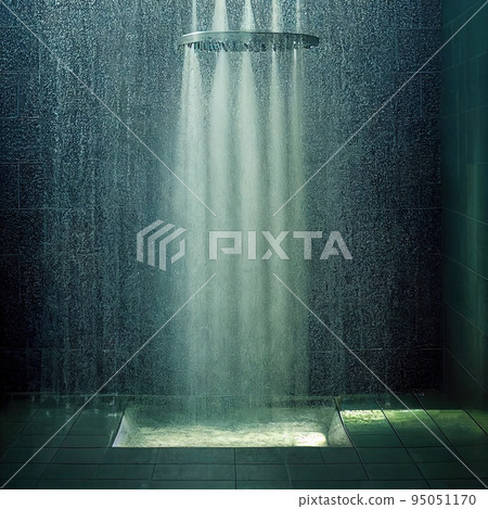 Dark shower room with flowing water 3D render digital illustration Dark shower room with flowing water 3D render digital illustration 95051170