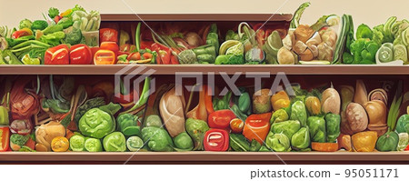 Vegetables groceries variety on organic shop shelf digital illustration Vegetables groceries variety on organic shop shelf digital illustration 95051171