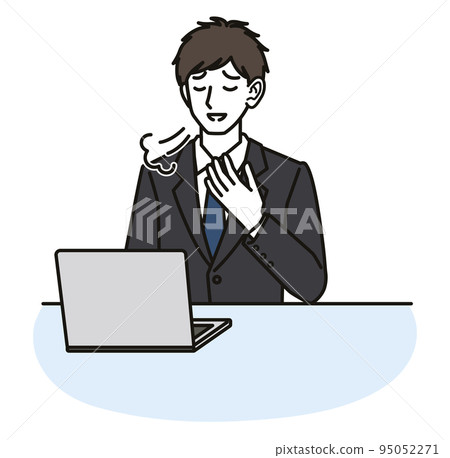 一個西裝革履的男人看著電腦屏幕感到如釋重負 95052271