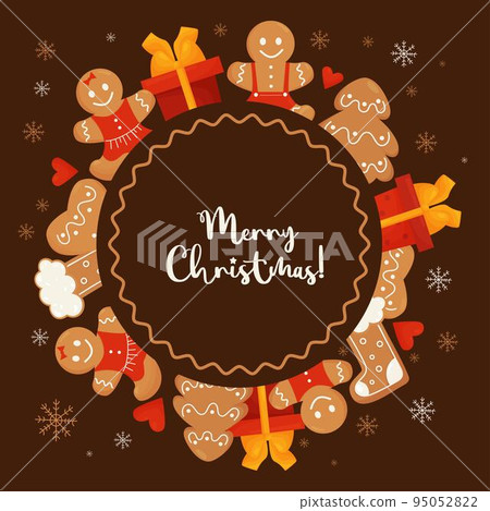 Christmas card with cute with gingerbread, gifts and gingerbread man and inscription Merry Christmas. Vector illustration. Square greeting card template for design and printing of your holiday cards. 95052822
