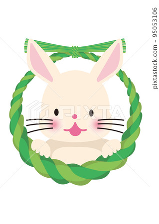 Material for New Year's cards Illustration of a combination of a cute white rabbit of the zodiac and a New Year's shimenawa decoration 12 animals of the Chinese zodiac 95053106