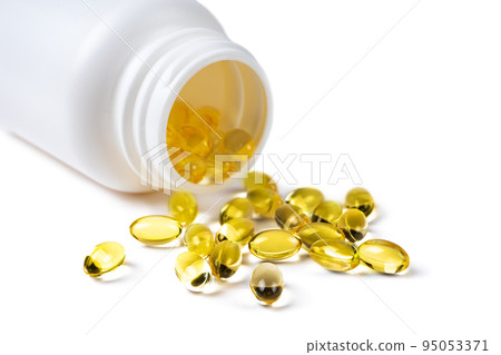 Omega 3 fish oil supplement softgel capsules in bottle, isolated on white background Omega 3 fish oil supplement softgel capsules in bottle, isolated on white background 95053371