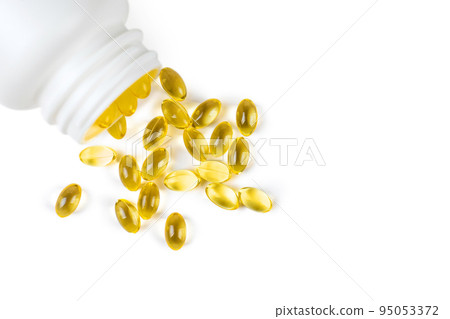 Vitamin D3, omega 3 fish oil supplement softgel capsules in bottle, isolated on white background Vitamin D3, omega 3 fish oil supplement softgel capsules in bottle, isolated on white background 95053372