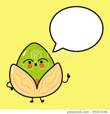 Cute funny pistachio with speech bubble. Vector hand drawn cartoon kawaii character illustration icon. Isolated on yellow background. Pistachio character concept Cute funny pistachio with speech bubble. Vector hand drawn cartoon kawaii character illustration icon. Isolated on yellow background. Pistachio character concept 95054346