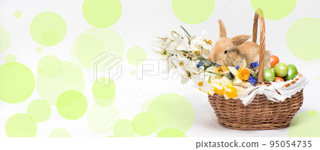 Long Easter banner with flower basket and rabbit with space for text 95054735