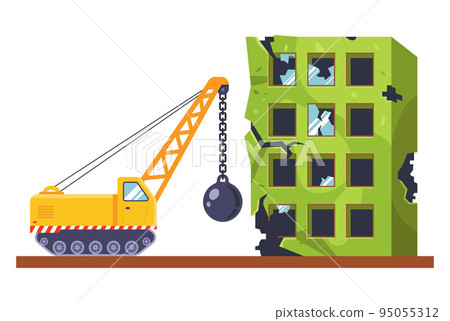special equipment demolishes an old dilapidated building. house destruction. special equipment demolishes an old dilapidated building. house destruction. 95055312