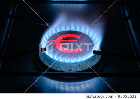 Gas ring burner and Euro sign, European money symbol on home gas stove 95055621