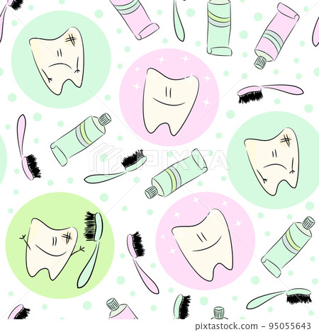 Childish seamless pattern with cartoon teeth and toothpaste, brush 95055643