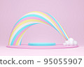 Cute pastel product display stand with asymmetric arch of spiral rainbow and white cloud on pink background, 3D rendering. 95055907