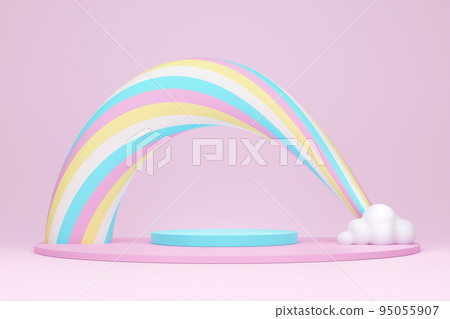 Cute pastel product display stand with asymmetric arch of spiral rainbow and white cloud on pink background, 3D rendering. Cute pastel product display stand with asymmetric arch of spiral rainbow and white cloud on pink background, 3D rendering. 95055907