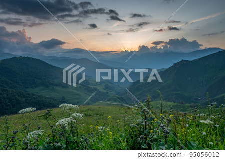 Scenic mountain sunrise landscape in mountains of Caucasus 95056012