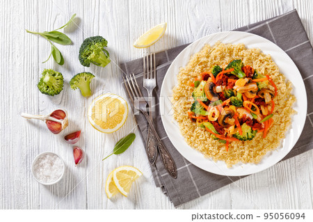 quinoa with fried veggies, mushrooms on plate quinoa with fried veggies, mushrooms on plate 95056094