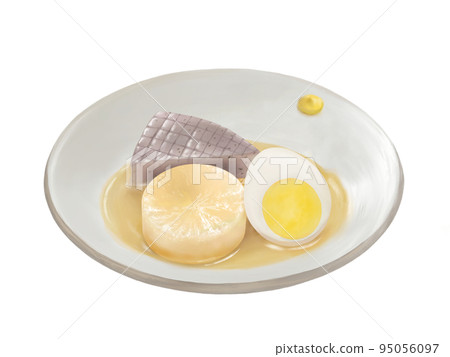 Realistic watercolor illustration of oden (konnyaku, eggs, and radish) served on a plate 95056097