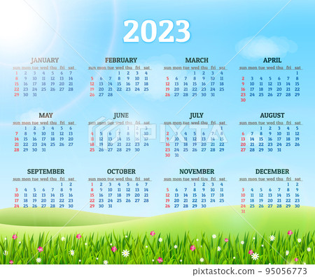 Calendar for 2023 with fresh green grass and flowers background. Vector illustration 95056773