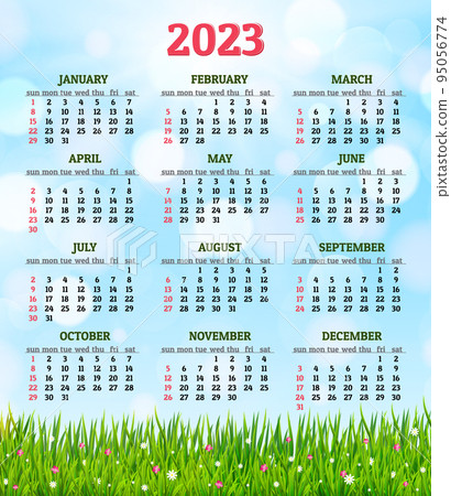 Calendar for 2023 with fresh green grass and flowers background vector Calendar for 2023 with fresh green grass and flowers background vector 95056774