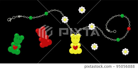 Childish silver beads with camomiles and jelly bears on black background. 95056888