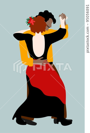 Couple dancing tango. Man and woman in bright clothes in elegant tango posture. Couple dancing tango. Man and woman in bright clothes in elegant tango posture. 95056891
