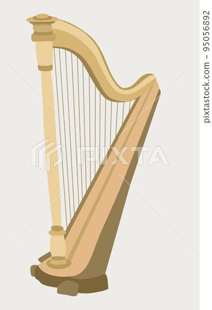 Harp. Plucked stringed musical instrument, consists of two frames located at an angle, between which many strings are stretched. Harp. Plucked stringed musical instrument, consists of two frames located at an angle, between which many strings are stretched. 95056892