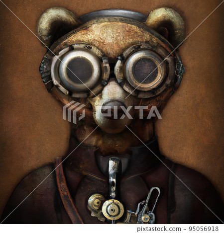 Close-up portrait of a futuristic bear. Abstract grizzly bear. Steampunk animal. Close-up portrait of a futuristic bear. Abstract grizzly bear. Steampunk animal. 95056918