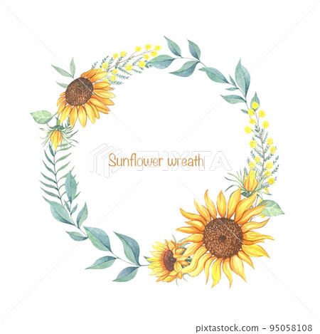 Wreath with sunflowers, watercolor illustration isolated on white background 95058108